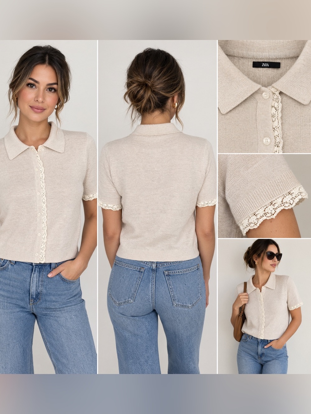 Zara NWT Medium Cream Lace Trim Knit Short Sleeve Cardigan Top